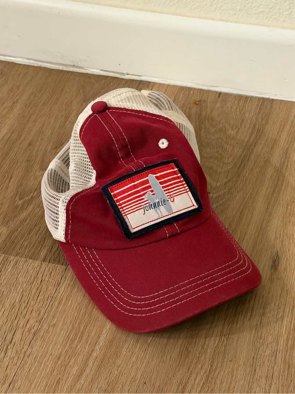 johnnie-O Men’s Red White Dad Hat Cap Surfing Beach Patch Surfboard Strapback